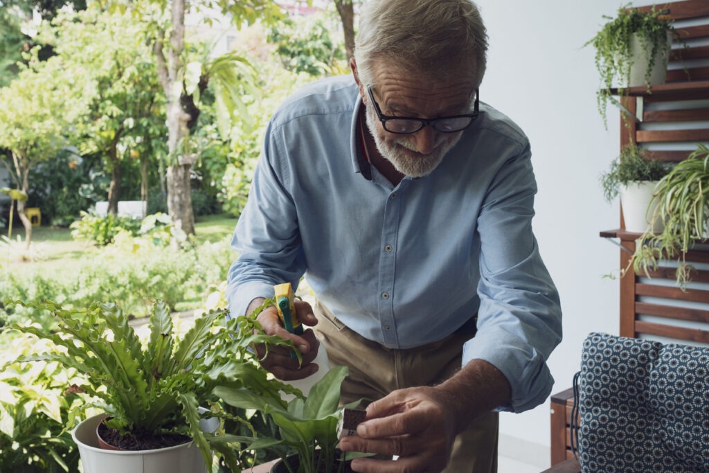 Pessoa sénior a cuidar das plantas em casa